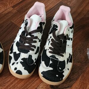 Adidas Black and White Cow Print Sneakers with Pink Interior